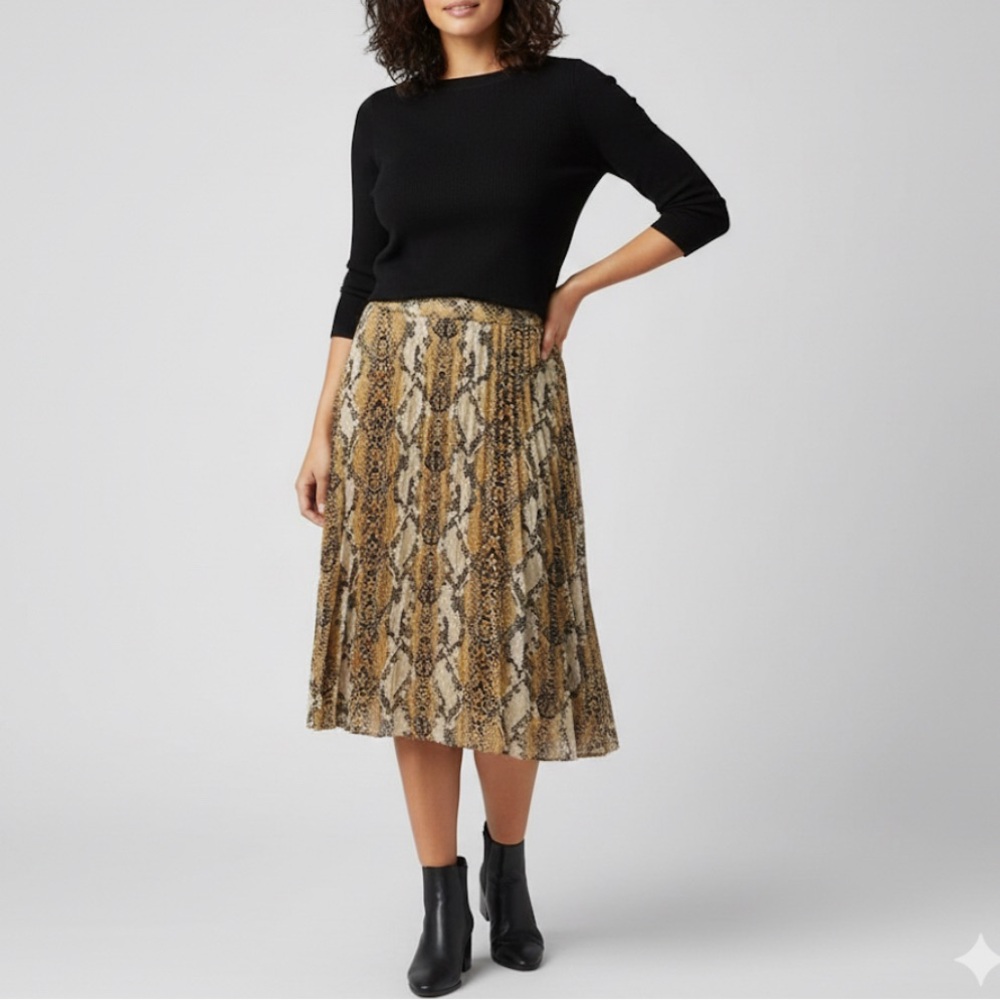 Gilli Snakeskin Print Pleated Midi Skirt - Brown and Black - Size Large
